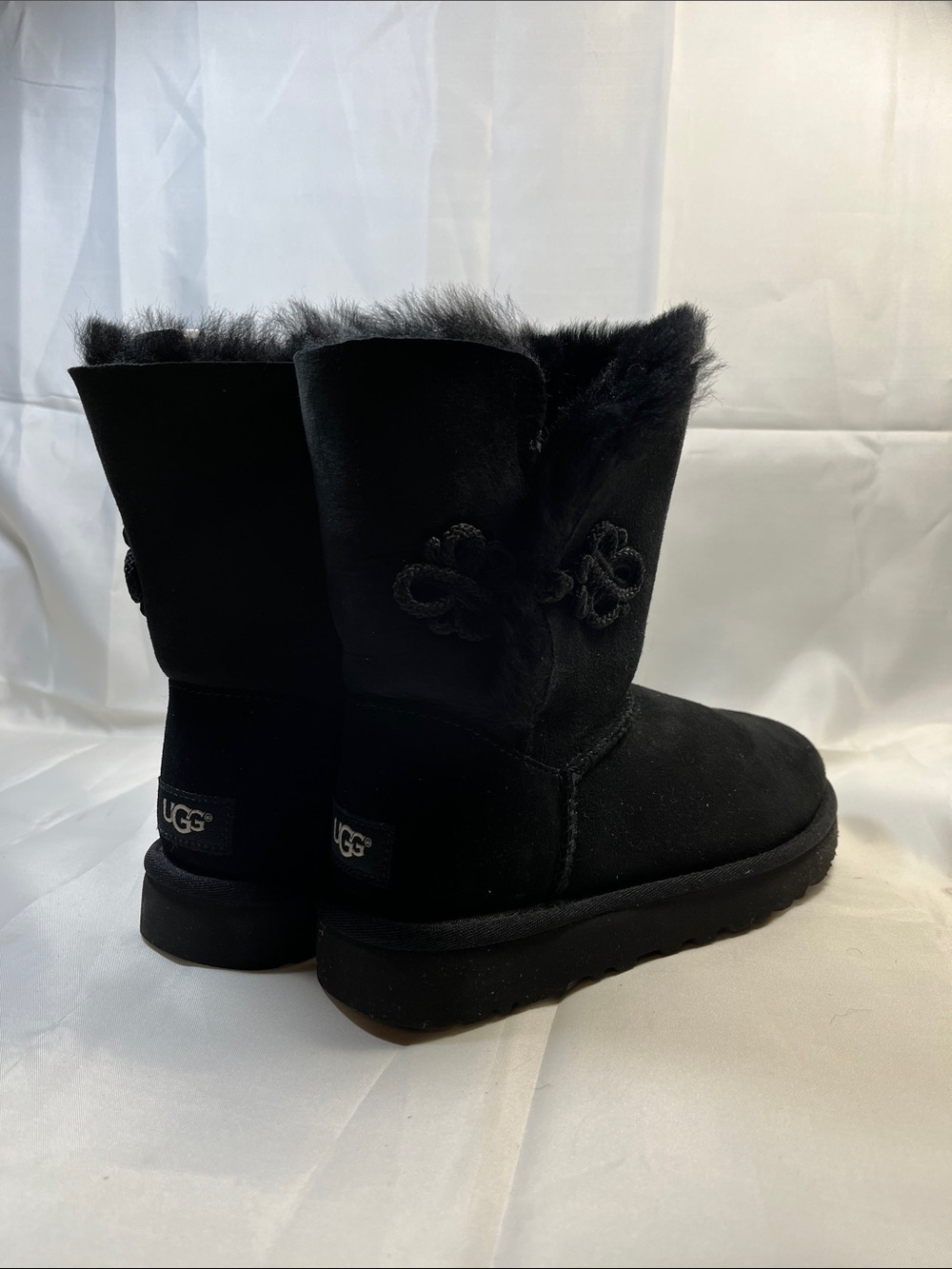 UGG Black Short Suede Shearling Boots with Button Detail